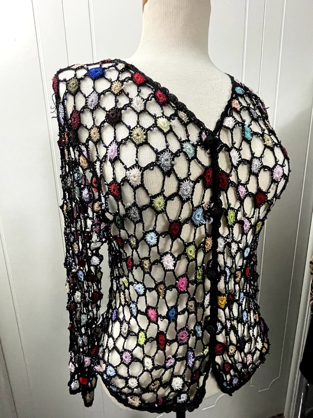Black Vintage Retro Glam Crochet Jeweled Cardigan with Colorful details